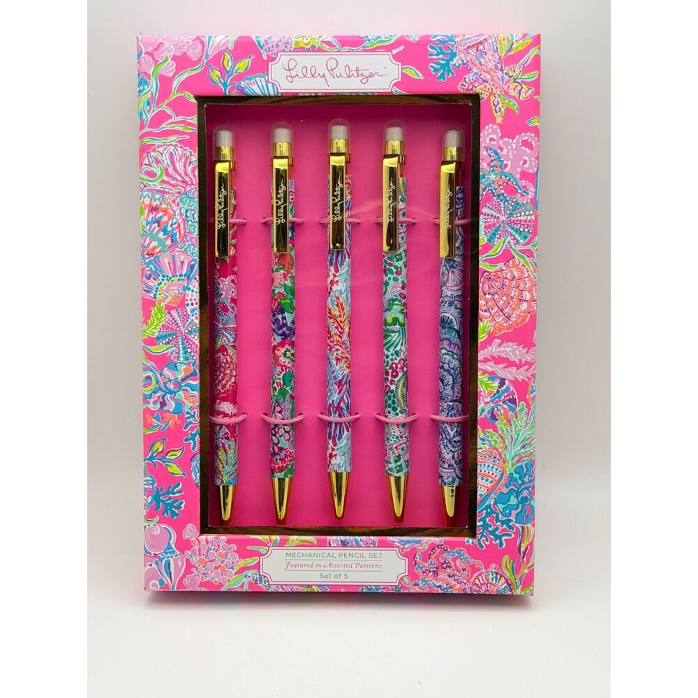 Lilly Pulitzer Mechanical Pencil Set Assorted Patterns Gold Accents Set Of 5